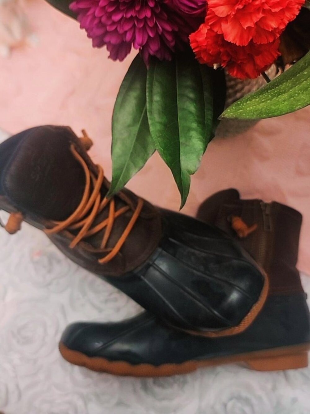 Womens Sperry Top Sider Navy Brown Saltwater Duck Boots Size 7